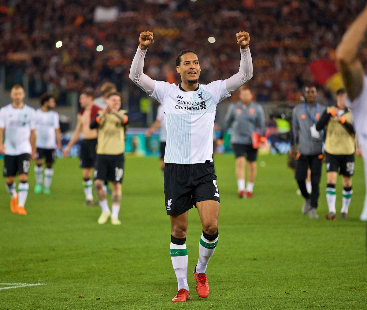 ROME, ITALY - Wednesday, May 2, 2018: Liverpool's Virgil van Dijk celebrates after the 7-6 aggregate victory over AS Roma during the UEFA Champions League Semi-Final 2nd Leg match between AS Roma and Liverpool FC at the Stadio Olimpico. (Pic by David Rawcliffe/Propaganda)