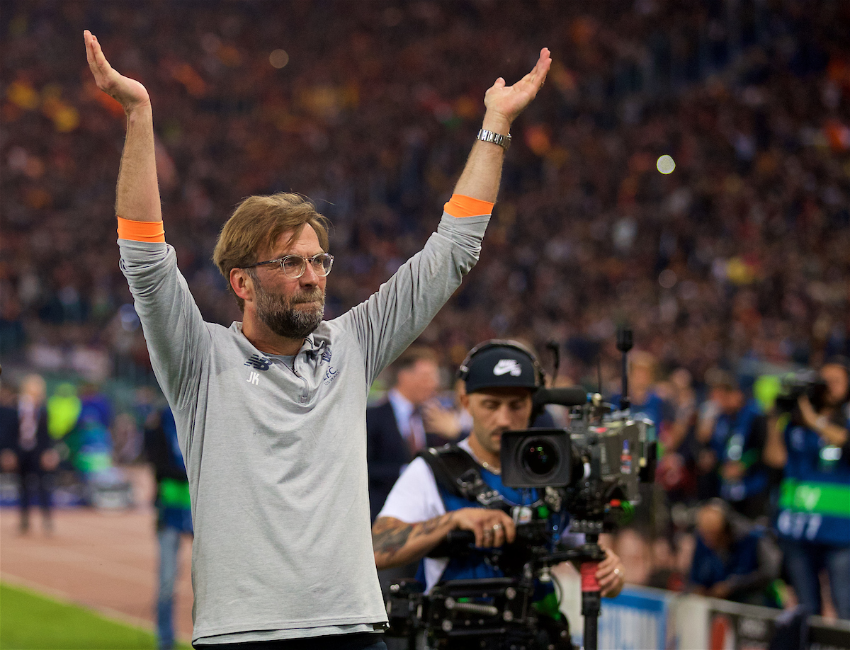 ROME, ITALY - Wednesday, May 2, 2018: Liverpool's manager Jürgen Klopp celebrates after the 7-6 aggregate victory over AS Roma during the UEFA Champions League Semi-Final 2nd Leg match between AS Roma and Liverpool FC at the Stadio Olimpico. (Pic by David Rawcliffe/Propaganda)