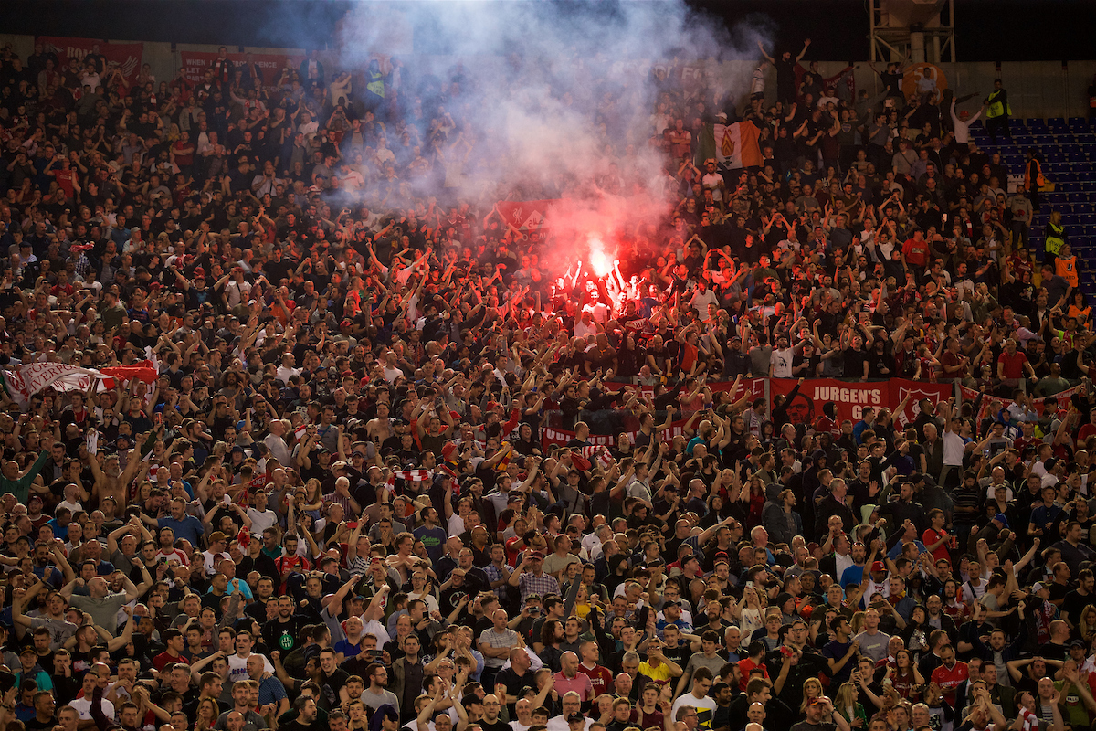 ROME, ITALY - Wednesday, May 2, 2018: Liverpool supporters, set off a red flare, as they celebrate after the 7-6 aggregate victory over AS Roma during the UEFA Champions League Semi-Final 2nd Leg match between AS Roma and Liverpool FC at the Stadio Olimpico. (Pic by David Rawcliffe/Propaganda)
