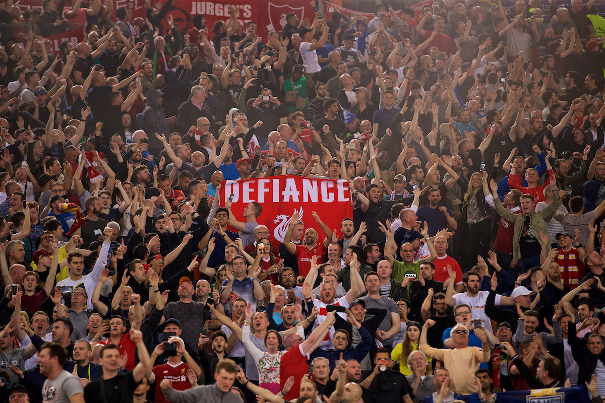 ROME, ITALY - Wednesday, May 2, 2018: Liverpool supporters, with a banner "Defiance", as they celebrate after the 7-6 aggregate victory over AS Roma during the UEFA Champions League Semi-Final 2nd Leg match between AS Roma and Liverpool FC at the Stadio Olimpico. (Pic by David Rawcliffe/Propaganda)