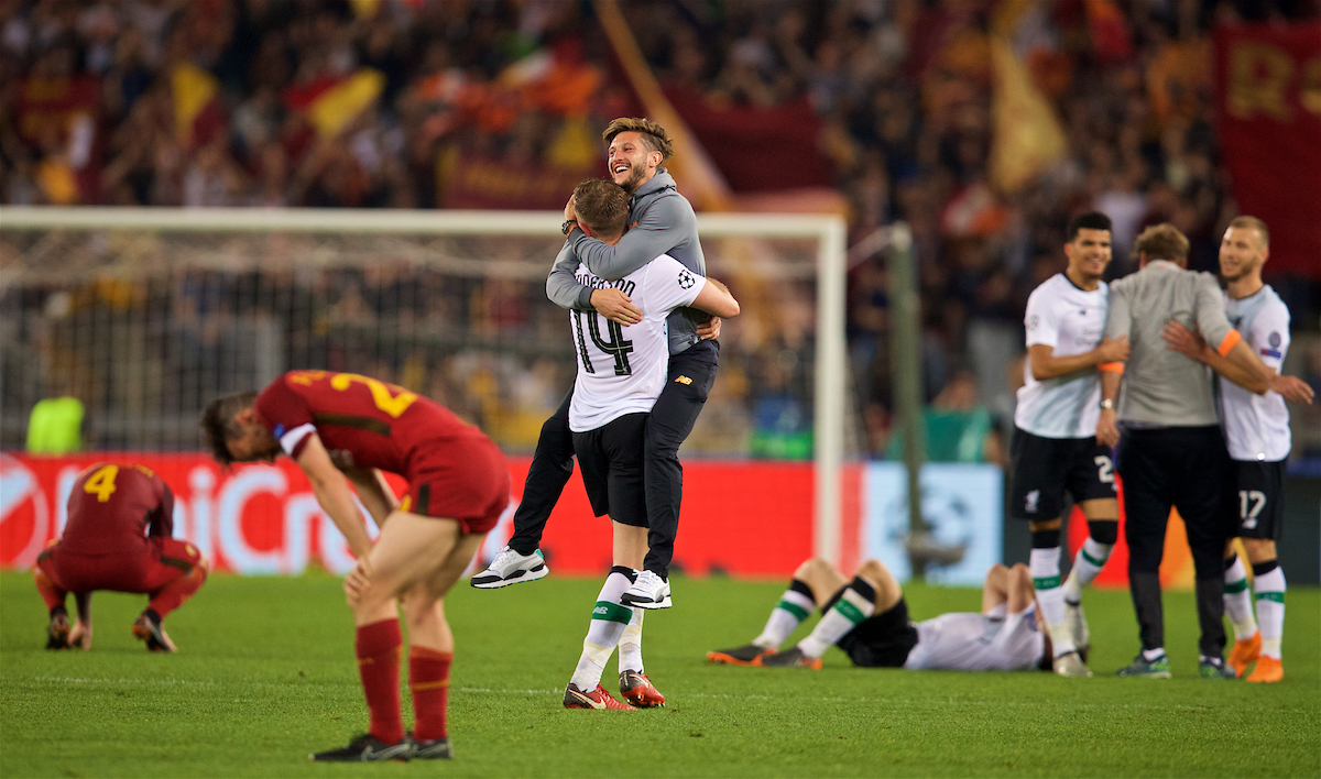 ROME, ITALY - Wednesday, May 2, 2018: Liverpool's Adam Lallana (right) and captain Jordan Henderson (#14) celebrate after the 7-6 aggregate victory over AS Roma during the UEFA Champions League Semi-Final 2nd Leg match between AS Roma and Liverpool FC at the Stadio Olimpico. (Pic by David Rawcliffe/Propaganda)