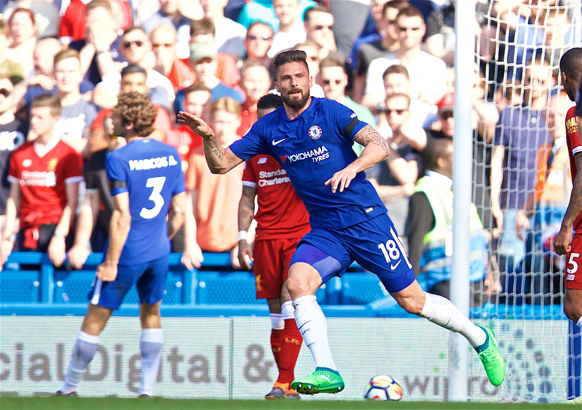 LONDON, ENGLAND - Sunday, May 6, 2018: Chelsea's Olivier Giroud celebrates scoring the first goal during the FA Premier League match between Chelsea FC and Liverpool FC at Stamford Bridge. (Pic by David Rawcliffe/Propaganda)