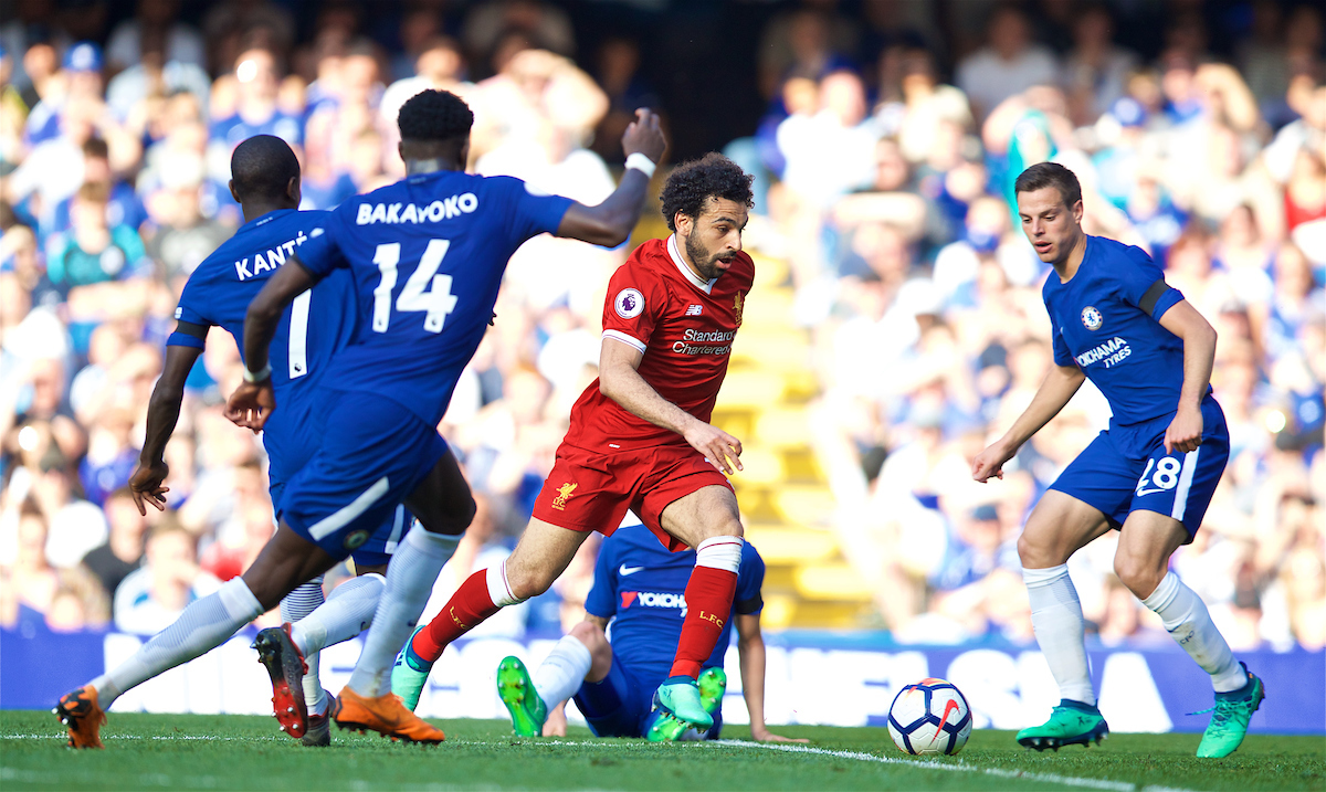 LONDON, ENGLAND - Sunday, May 6, 2018: Liverpool's Mohamed Salah attempts to pass four Chelsea players during the FA Premier League match between Chelsea FC and Liverpool FC at Stamford Bridge. (Pic by David Rawcliffe/Propaganda)