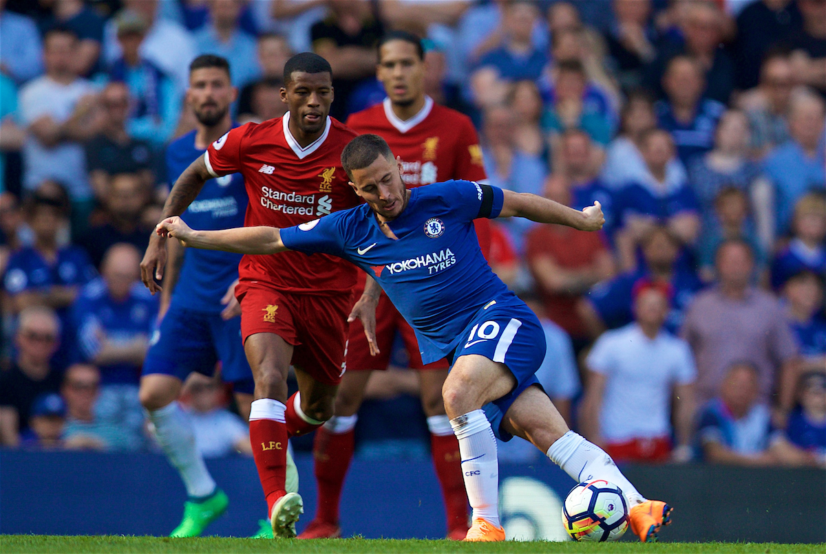 LONDON, ENGLAND - Sunday, May 6, 2018: Chelsea's Eden Hazard attempts a rabona pass as Liverpool's Georginio Wijnaldum looks on the FA Premier League match between Chelsea FC and Liverpool FC at Stamford Bridge. (Pic by David Rawcliffe/Propaganda)