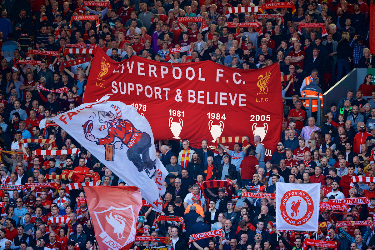 LIVERPOOL, ENGLAND - Sunday, May 13, 2018: Liverpool supporter on the Spion Kop during the FA Premier League match between Liverpool FC and Brighton & Hove Albion FC at Anfield. (Pic by David Rawcliffe/Propaganda)