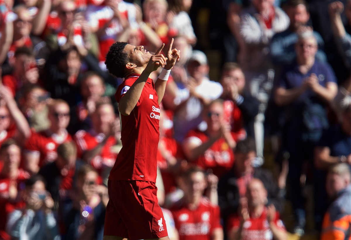 LIVERPOOL, ENGLAND - Sunday, May 13, 2018: Liverpool's Dominic Solanke celebrates scoring the third goal, his first for the club, during the FA Premier League match between Liverpool FC and Brighton & Hove Albion FC at Anfield. (Pic by David Rawcliffe/Propaganda)