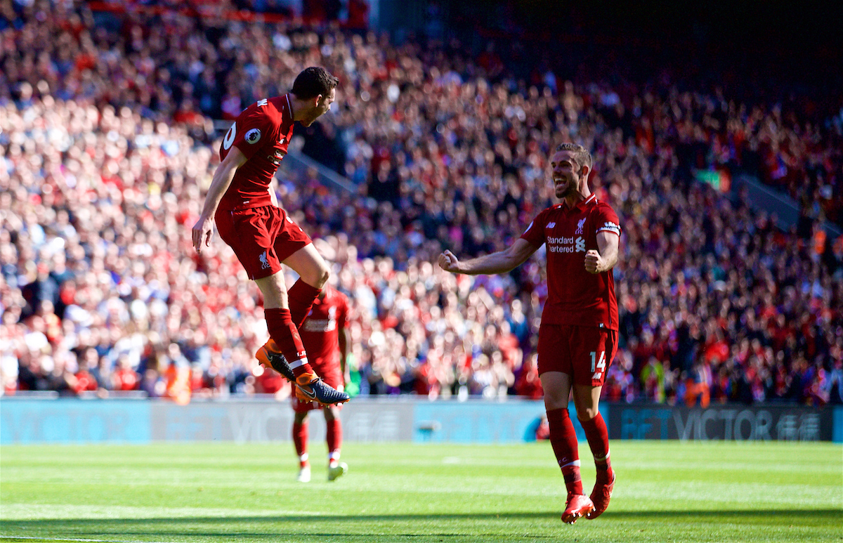 LIVERPOOL, ENGLAND - Sunday, May 13, 2018: Liverpool's Andy Robertson celebrates scoring the fourth goal, his first for the club, during the FA Premier League match between Liverpool FC and Brighton & Hove Albion FC at Anfield. (Pic by David Rawcliffe/Propaganda)