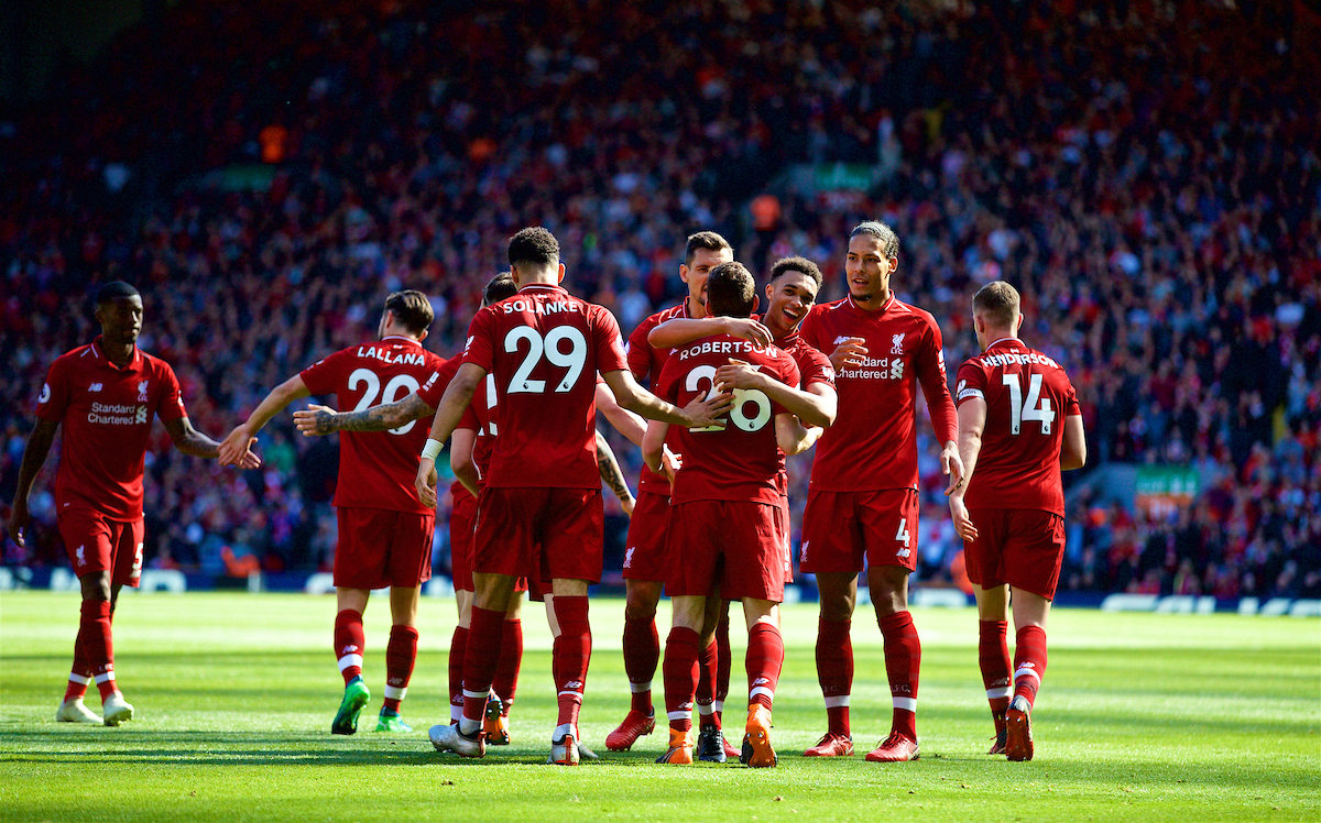 LIVERPOOL, ENGLAND - Sunday, May 13, 2018: Liverpool's Andy Robertson celebrates scoring the fourth goal, his first for the club, during the FA Premier League match between Liverpool FC and Brighton & Hove Albion FC at Anfield. (Pic by David Rawcliffe/Propaganda)