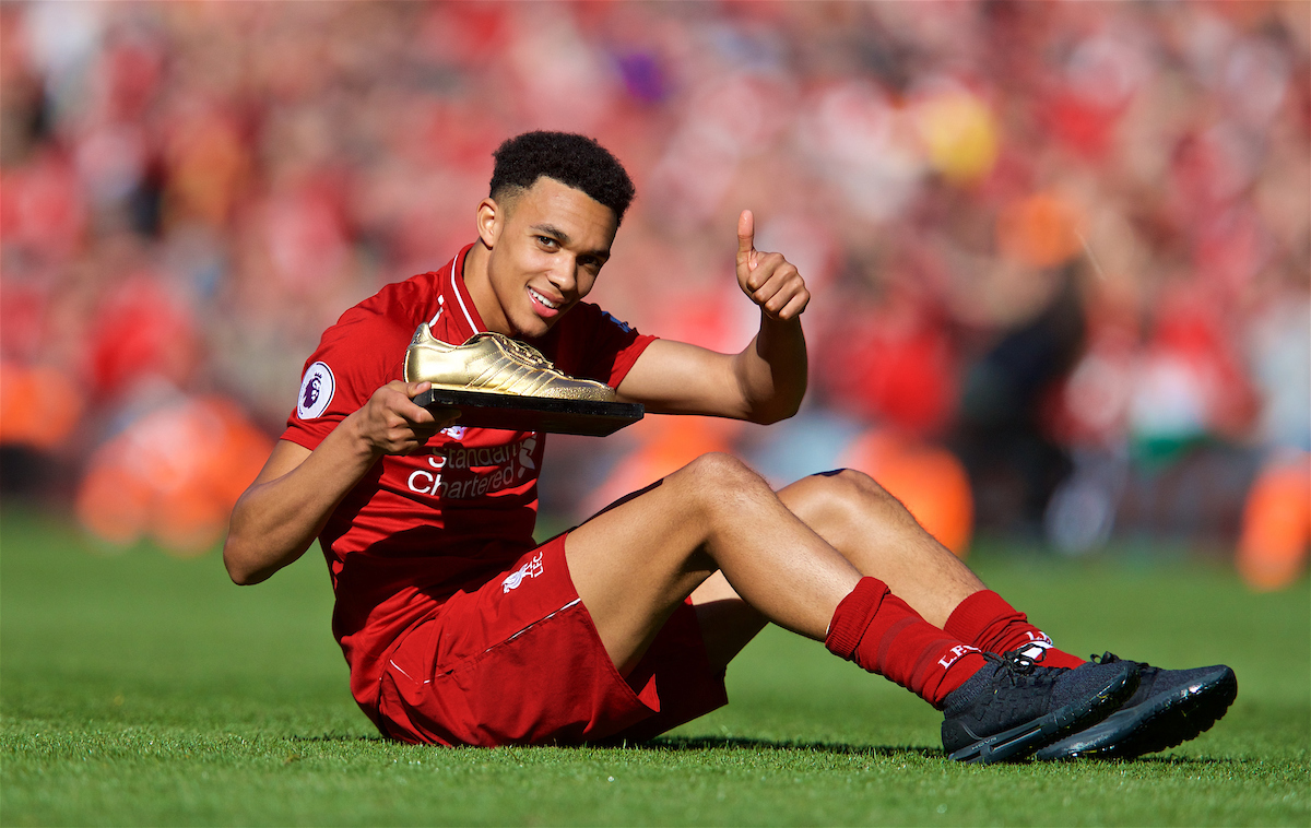 LIVERPOOL, ENGLAND - Sunday, May 13, 2018: Liverpool's Trent Alexander-Arnold with his Golden Samba supporters' award for Young Player of the Season after the FA Premier League match between Liverpool FC and Brighton & Hove Albion FC at Anfield. (Pic by David Rawcliffe/Propaganda)