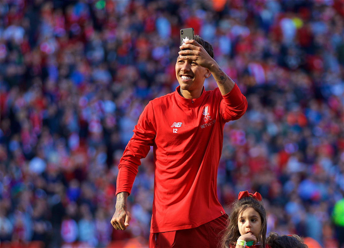 LIVERPOOL, ENGLAND - Sunday, May 13, 2018: Liverpool's Roberto Firmino films the supporters as the players go on a lap of honour after the FA Premier League match between Liverpool FC and Brighton & Hove Albion FC at Anfield. (Pic by David Rawcliffe/Propaganda)