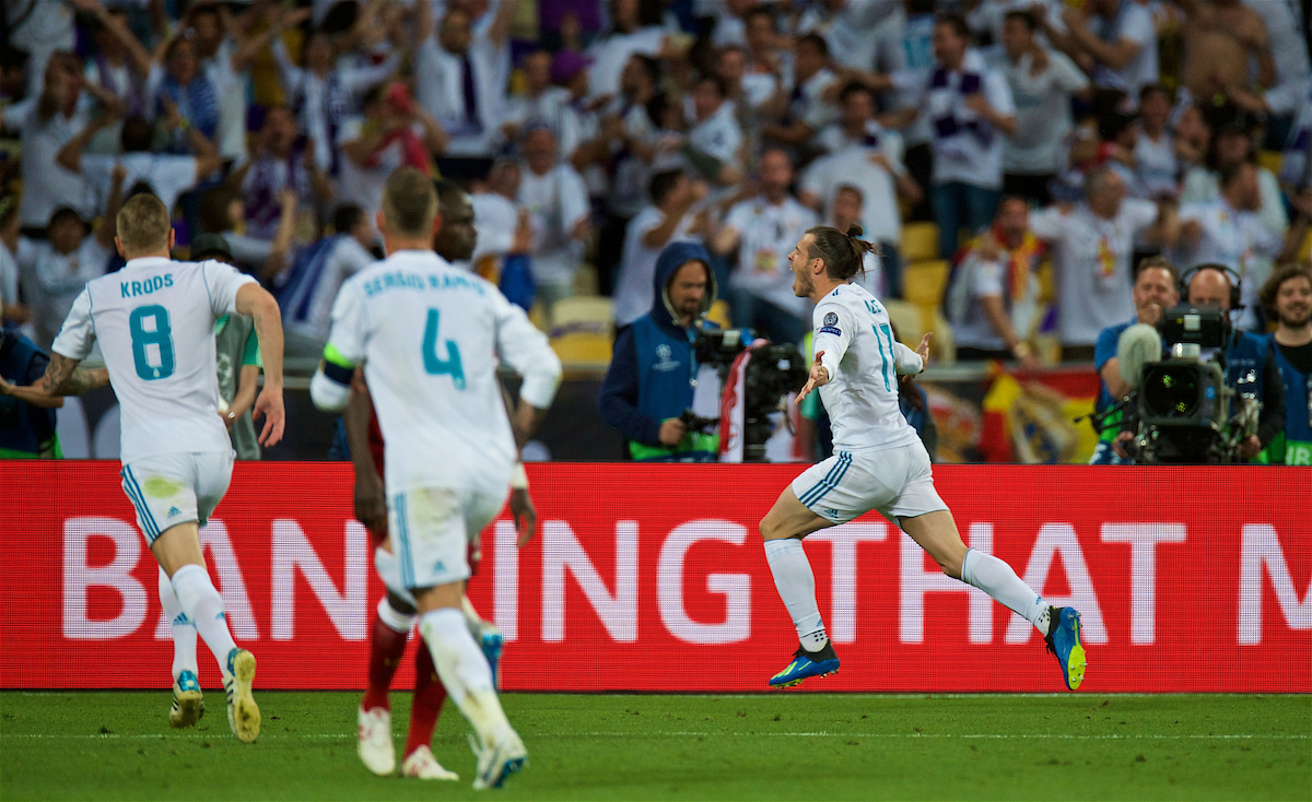 KIEV, UKRAINE - Saturday, May 26, 2018: Real Madrid's substitute Gareth Bale celebrates scoring the second goal during the UEFA Champions League Final match between Real Madrid CF and Liverpool FC at the NSC Olimpiyskiy. (Pic by Peter Powell/Propaganda)