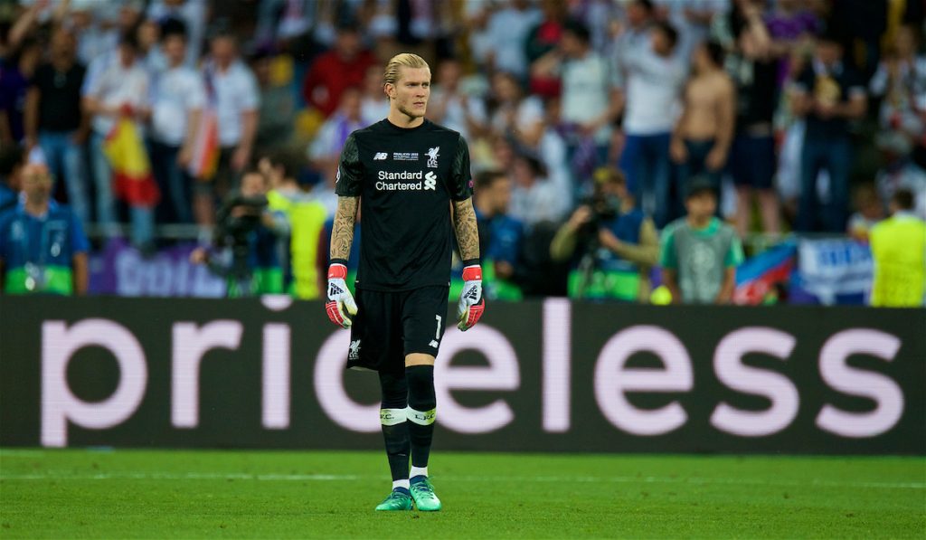 KIEV, UKRAINE - Saturday, May 26, 2018: Liverpool's goalkeeper Loris Karius who made priceless mistakes that cost his side during the UEFA Champions League Final match between Real Madrid CF and Liverpool FC at the NSC Olimpiyskiy. (Pic by Peter Powell/Propaganda)