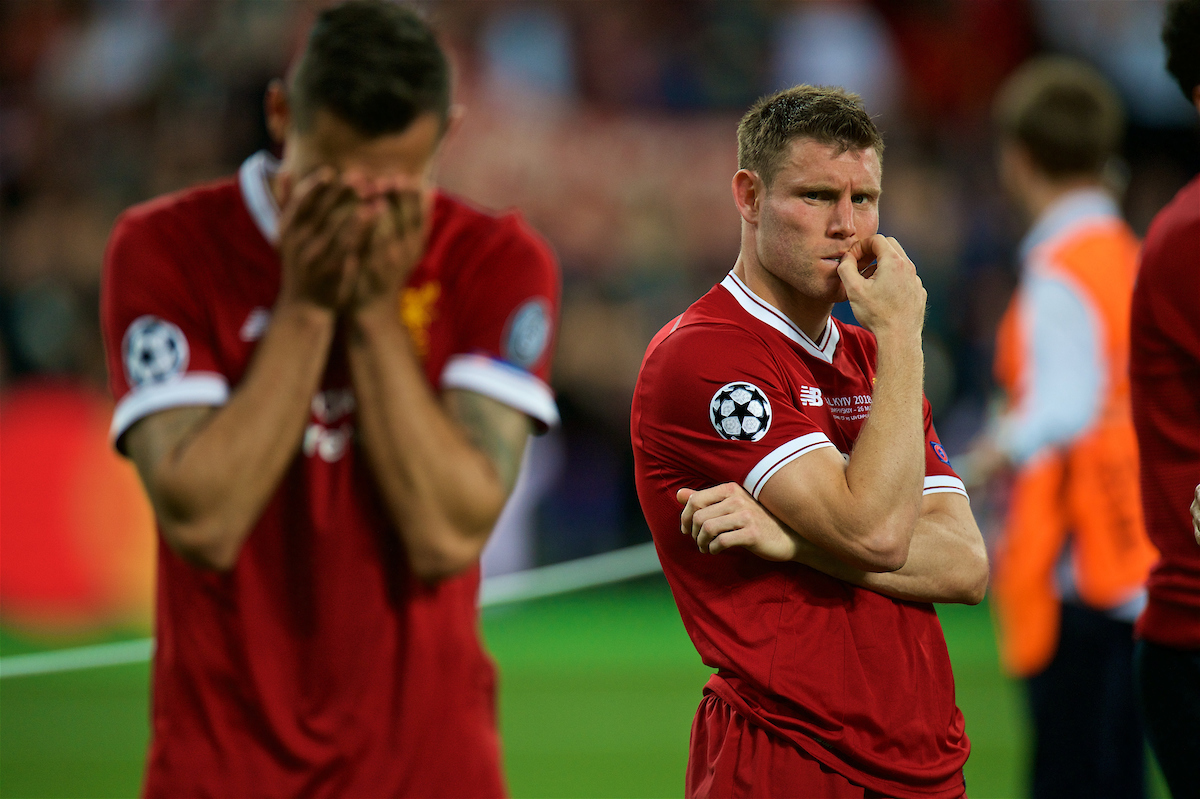 KIEV, UKRAINE - Saturday, May 26, 2018: Liverpool's James Milner looks dejected after the UEFA Champions League Final match between Real Madrid CF and Liverpool FC at the NSC Olimpiyskiy. Real Madrid won 3-1. (Pic by Peter Powell/Propaganda)