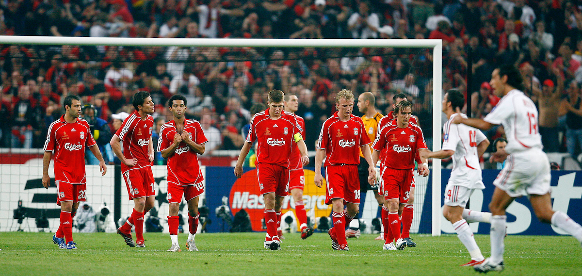 Athens, Greece - Wednesday, May 23, 2007: Liverpool's Javier Mascherano, Xabi Alonso, Luis Garcia, Steven Gerrard, Dirk Kuyt, Jamie Carragher and Boudewijn Zenden look dejected after AC Milan scores the opening goal during the UEFA Champions League Final at the OACA Spyro Louis Olympic Stadium. (Pic by David Rawcliffe/Propaganda)