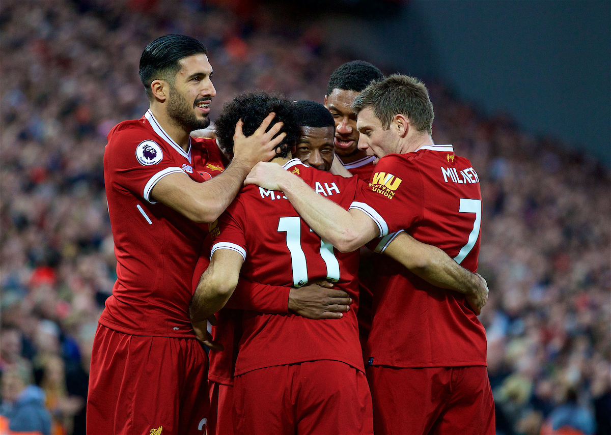 LIVERPOOL, ENGLAND - Saturday, October 28, 2017: Liverpool's Georginio Wijnaldum celebrates scoring the third goal with team-mates Emre Can, Mohamed Salah, Joel Matip and James Milner during the FA Premier League match between Liverpool and Huddersfield Town at Anfield. (Pic by David Rawcliffe/Propaganda)