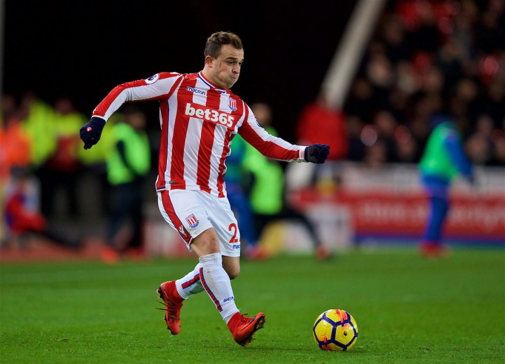 STOKE-ON-TRENT, ENGLAND - Wednesday, November 29, 2017: Stoke City's Xherdan Shaqiri during the FA Premier League match between Stoke City and Liverpool at the Bet365 Stadium. (Pic by David Rawcliffe/Propaganda)