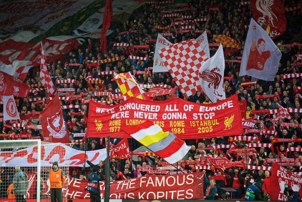 LIVERPOOL, ENGLAND - Tuesday, April 24, 2018: Liverpool supporters on the Spion Kop hold up their scarves as they sing "You'll Never Walk Alone" before the UEFA Champions League Semi-Final 1st Leg match between Liverpool FC and AS Roma at Anfield. (Pic by David Rawcliffe/Propaganda)