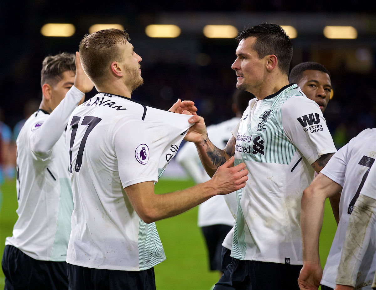 LIVERPOOL, ENGLAND - Saturday, December 30, 2017: Liverpool's Ragnar Klavan celebrates scoring the winning second goal with a header with team-mate Dejan Lovren during the FA Premier League match between Liverpool and Leicester City at Anfield. (Pic by David Rawcliffe/Propaganda)