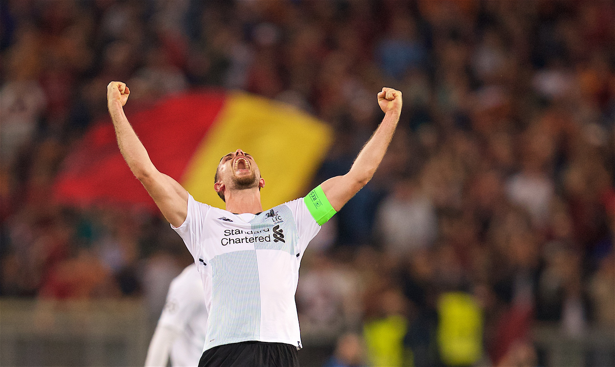 ROME, ITALY - Wednesday, May 2, 2018: Liverpool's captain Jordan Henderson celebrates after the 7-6 aggregate victory over AS Roma during the UEFA Champions League Semi-Final 2nd Leg match between AS Roma and Liverpool FC at the Stadio Olimpico. (Pic by David Rawcliffe/Propaganda)