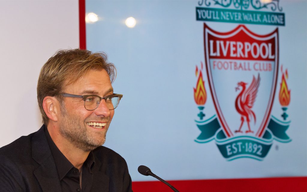 LIVERPOOL, ENGLAND - Friday, October 9, 2015: Liverpool's new manager Jürgen Klopp during a press conference at Anfield. (Pic by David Rawcliffe/Propaganda)