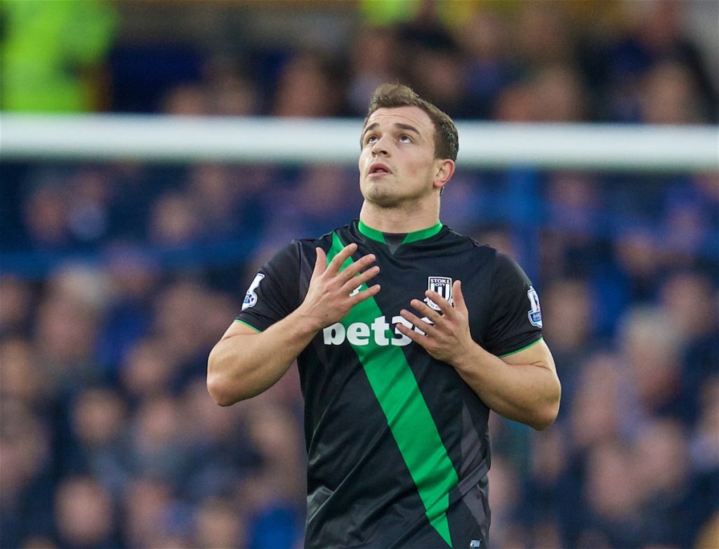 LIVERPOOL, ENGLAND - Monday, December 28, 2015: Stoke City's Xherdan Shaqiri celebrates scoring the first goal against Everton during the Premier League match at Goodison Park. (Pic by David Rawcliffe/Propaganda)