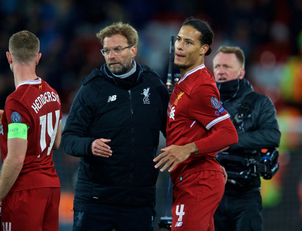 LIVERPOOL, ENGLAND - Wednesday, April 4, 2018: Liverpool's manager Jürgen Klopp and Virgil van Dijk (right) celebrate after the 3-0 victory over Manchester City during the UEFA Champions League Quarter-Final 1st Leg match between Liverpool FC and Manchester City FC at Anfield. (Pic by David Rawcliffe/Propaganda)