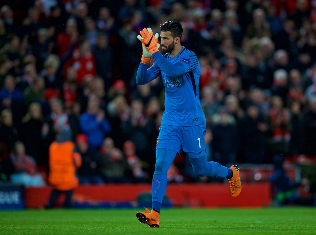 LIVERPOOL, ENGLAND - Tuesday, April 24, 2018: AS Romas goalkeeper Alisson Becker applauds the Liverpool supporters during the UEFA Champions League Semi-Final 1st Leg match between Liverpool FC and AS Roma at Anfield. (Pic by David Rawcliffe/Propaganda)