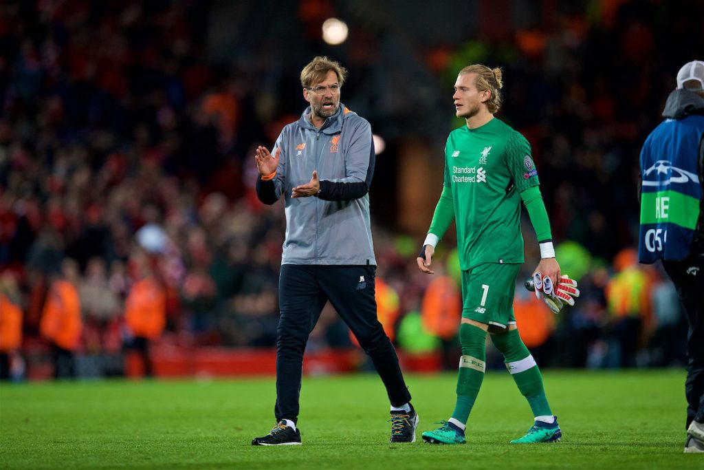 LIVERPOOL, ENGLAND - Tuesday, April 24, 2018: Liverpool's manager Jürgen Klopp and goalkeeper Loris Karius after the 5-2 victory over AS Roma during the UEFA Champions League Semi-Final 1st Leg match between Liverpool FC and AS Roma at Anfield. (Pic by David Rawcliffe/Propaganda)