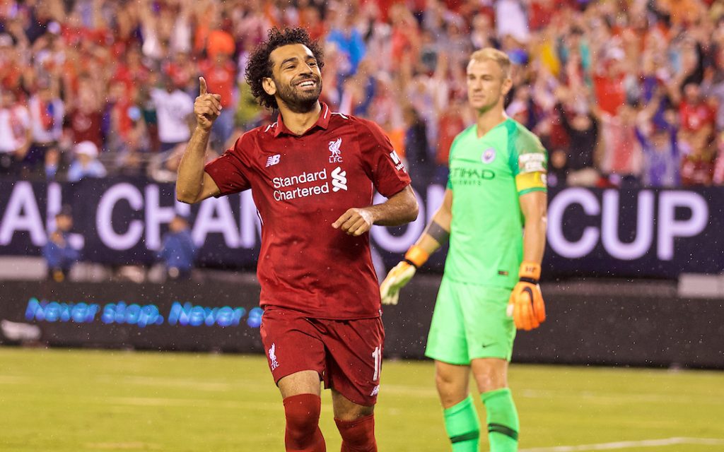 NEW JERSEY, USA - Wednesday, July 25, 2018: Liverpool's Mohamed Salah celebrate scoring the first equalising goal, to level the score 1-1, during a preseason International Champions Cup match between Manchester City FC and Liverpool FC at the Met Life Stadium. (Pic by David Rawcliffe/Propaganda)