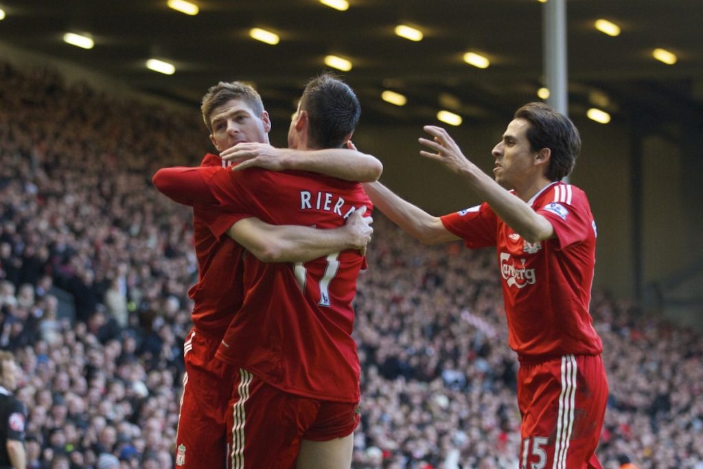 LIVERPOOL, ENGLAND - Friday, December 26, 2008: Liverpool's Albert Riera celebrates his opening goal with team-mates captain Steven Gerrard MBE and Yossi Benayoun against Bolton Wanderers during the Premiership match at Anfield. (Photo by David Rawcliffe/Propaganda)