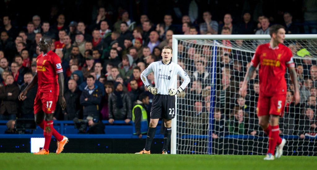 LONDON, ENGLAND - Sunday, December 29, 2013: Liverpool's goalkeeper Simon Mignolet looks dejected as Chelsea score the second goal during the Premiership match at Stamford Bridge. (Pic by David Rawcliffe/Propaganda)