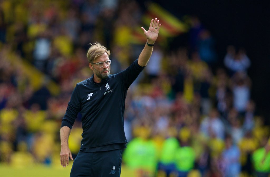 WATFORD, ENGLAND - Saturday, August 12, 2017: Liverpool's manager Jürgen Klopp waves to the travelling supporters after the 3-3 draw during the FA Premier League match between Watford and Liverpool at Vicarage Road. (Pic by David Rawcliffe/Propaganda)