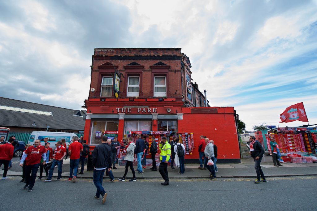 LIVERPOOL, ENGLAND - Saturday, September 16, 2017: Armed Merseyside Police officers patrol outside Anfield's Spion Kop stand before the FA Premier League match between Liverpool and Burnley at Anfield. (Pic by Peter Powell/Propaganda)