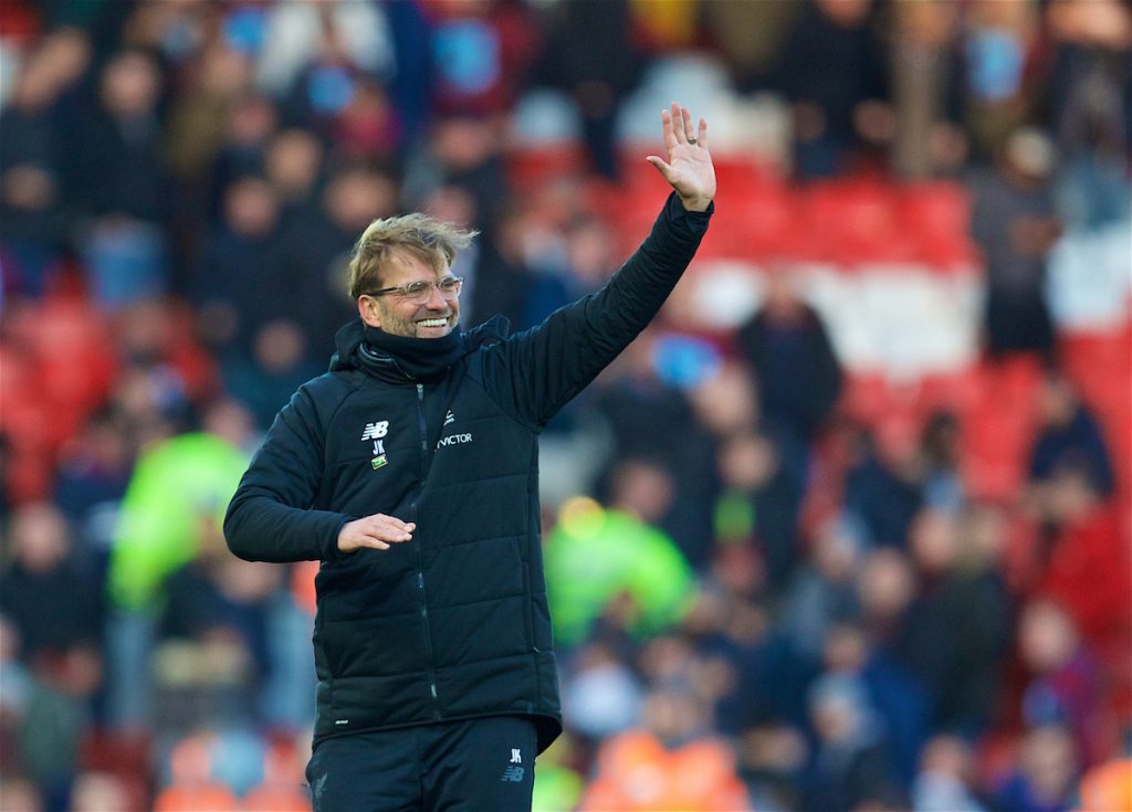 LIVERPOOL, ENGLAND - Saturday, February 24, 2018: Liverpool's manager Jürgen Klopp celebrates the 4-1 victory over West Ham United during the FA Premier League match between Liverpool FC and West Ham United FC at Anfield. (Pic by David Rawcliffe/Propaganda)