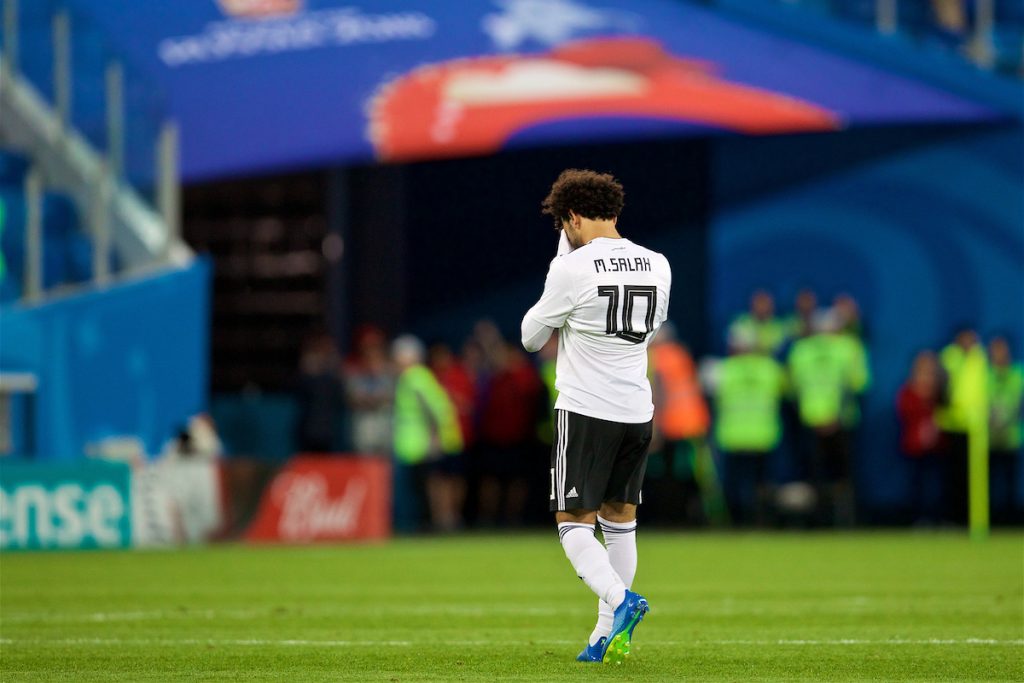 SAINT PETERSBURG, RUSSIA - Tuesday, June 19, 2018: Egypt's Mohamed Salah walks off dejected as his side lose 3-1 during the FIFA World Cup Russia 2018 Group A match between Russia and Egypt at the Saint Petersburg Stadium. (Pic by David Rawcliffe/Propaganda)