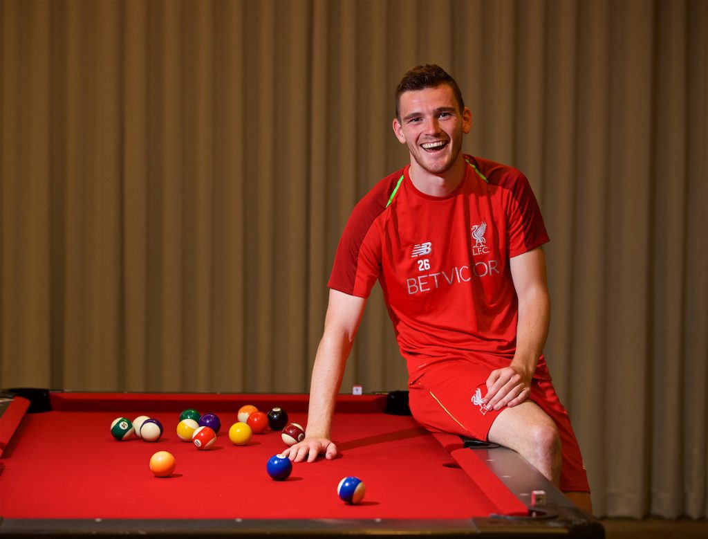 CHARLOTTE, USA - Monday, July 23, 2018: Liverpool's Andy Robertson poses for a portrait after an interview with the Anfield Wrap podcast at the team's Westin Hotel in Charlotte during International Champions Cup preseason tournament. (Pic by David Rawcliffe/Propaganda)