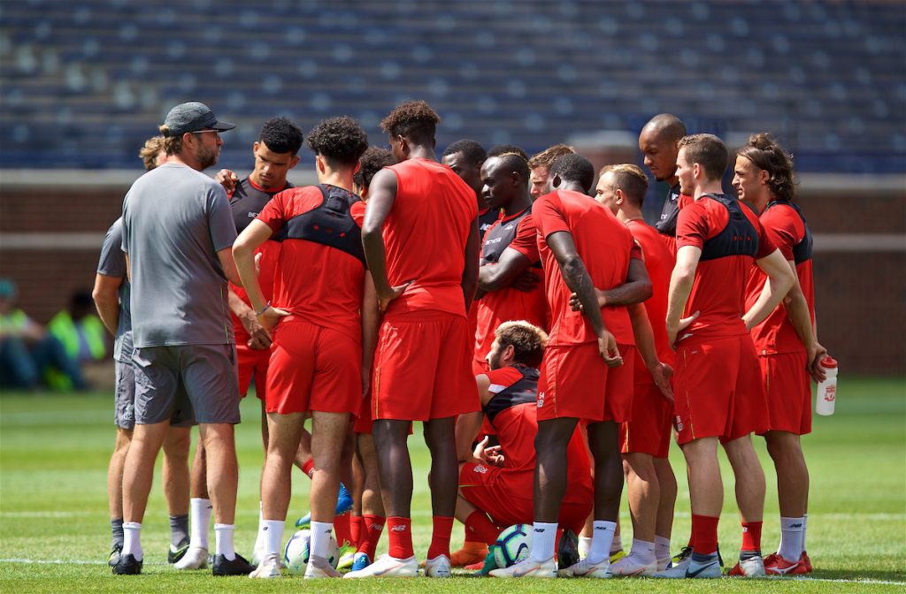ANN ARBOR, USA - Friday, July 27, 2018: Liverpool players listen to manager Jürgen Klopp during a training session ahead of the preseason International Champions Cup match between Manchester United FC and Liverpool FC at the Michigan Stadium. (Pic by David Rawcliffe/Propaganda)