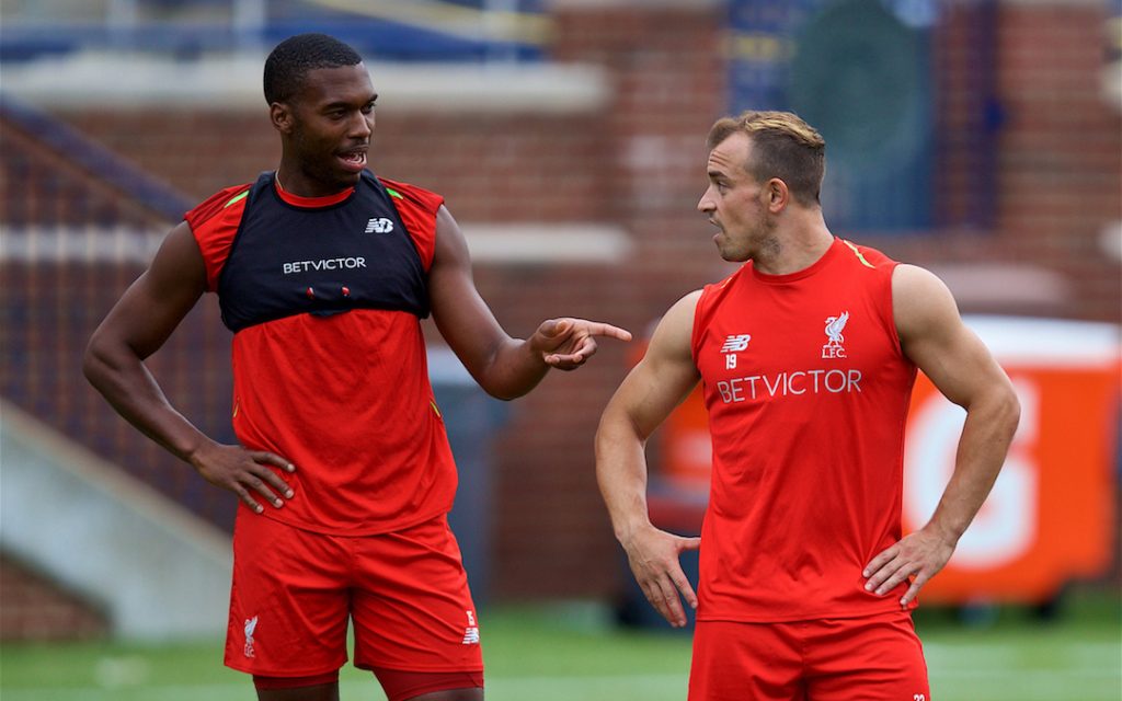 ANN ARBOR, USA - Friday, July 27, 2018: Liverpool's Daniel Sturridge and new signing Xherdan Shaqiri during a training session ahead of the preseason International Champions Cup match between Manchester United FC and Liverpool FC at the Michigan Stadium. (Pic by David Rawcliffe/Propaganda)