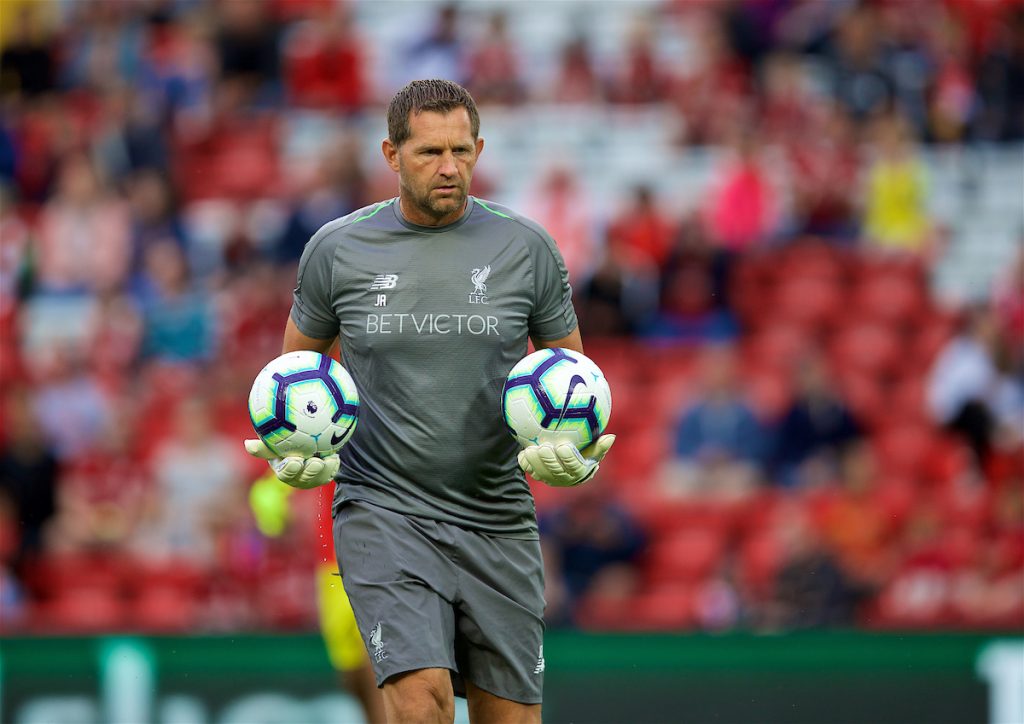 LIVERPOOL, ENGLAND - Tuesday, August 7, 2018: Liverpool's goalkeeping coach John Achterberg during the pre-match warm-up before the preseason friendly match between Liverpool FC and Torino FC at Anfield. (Pic by David Rawcliffe/Propaganda)