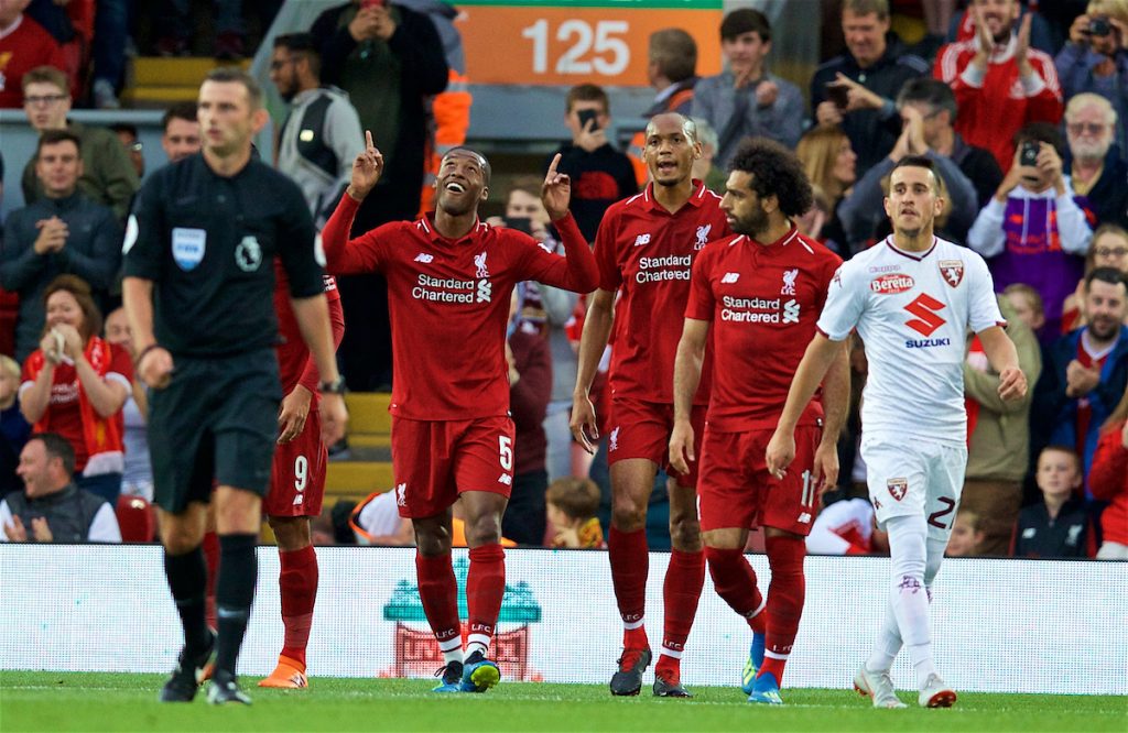 LIVERPOOL, ENGLAND - Tuesday, August 7, 2018: Liverpool's Georginio Wijnaldum celebrates scoring the second goal during the preseason friendly match between Liverpool FC and Torino FC at Anfield. (Pic by David Rawcliffe/Propaganda)