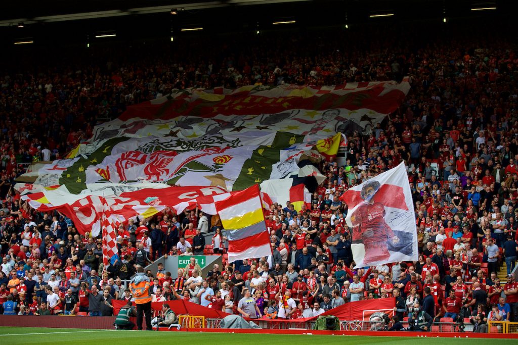 LIVERPOOL, ENGLAND - Sunday, August 12, 2018: A Liverpool supporter's flag featuring Mohamed Salah during the FA Premier League match between Liverpool FC and West Ham United FC at Anfield. (Pic by David Rawcliffe/Propaganda)