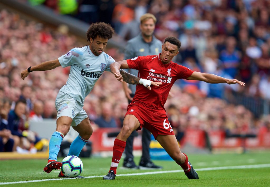 LIVERPOOL, ENGLAND - Sunday, August 12, 2018: Liverpool's Trent Alexander-Arnold and West Ham United's Felipe Anderson during the FA Premier League match between Liverpool FC and West Ham United FC at Anfield. (Pic by David Rawcliffe/Propaganda)