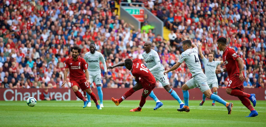 LIVERPOOL, ENGLAND - Sunday, August 12, 2018: Liverpool's Sadio Mane scores the third goal during the FA Premier League match between Liverpool FC and West Ham United FC at Anfield. (Pic by David Rawcliffe/Propaganda)