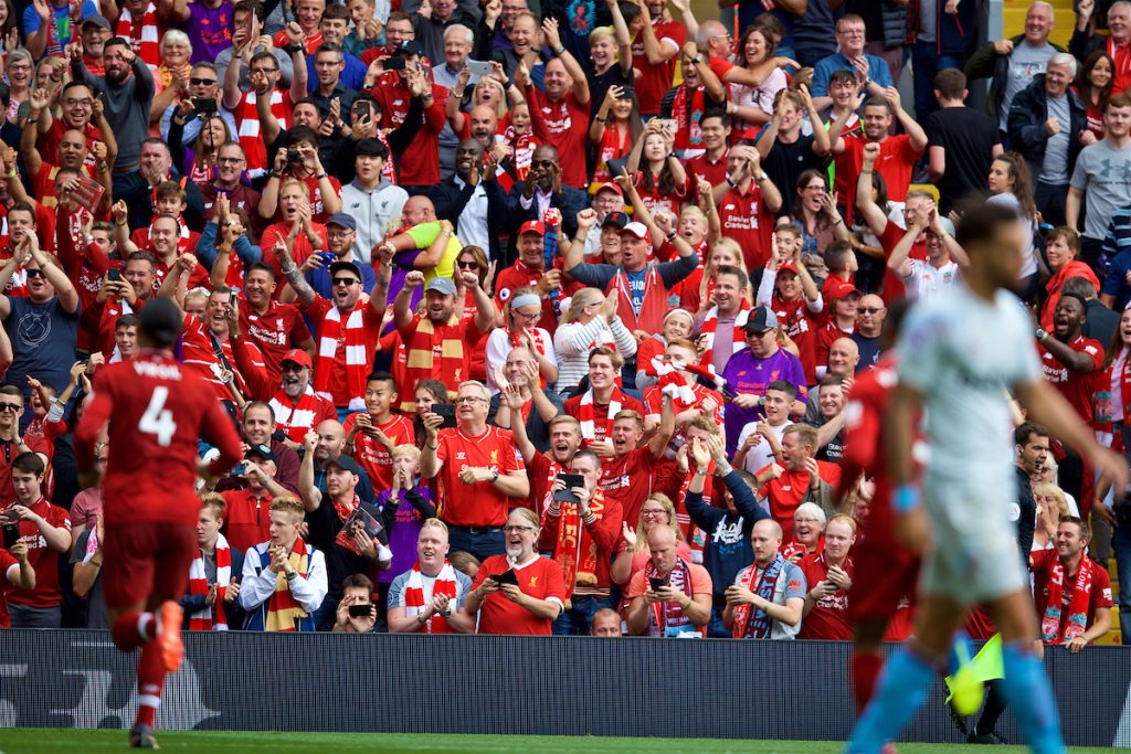 LIVERPOOL, ENGLAND - Sunday, August 12, 2018: Liverpool supporters celebrate the fourth goal during the FA Premier League match between Liverpool FC and West Ham United FC at Anfield. (Pic by David Rawcliffe/Propaganda)