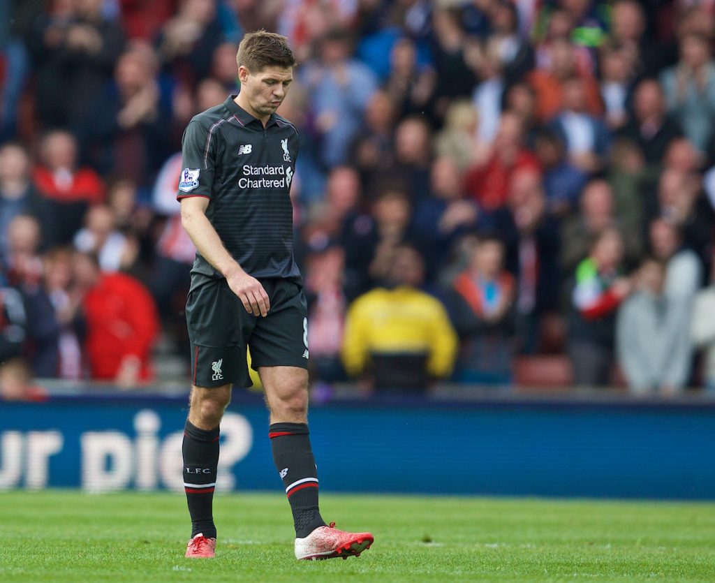 STOKE-ON-TRENT, ENGLAND - Sunday, May 24, 2015: Liverpool's captain Steven Gerrard looks dejected as Stoke City score the sixth goal during a 6-1 defeat in the Premier League match at the Britannia Stadium. (Pic by David Rawcliffe/Propaganda)