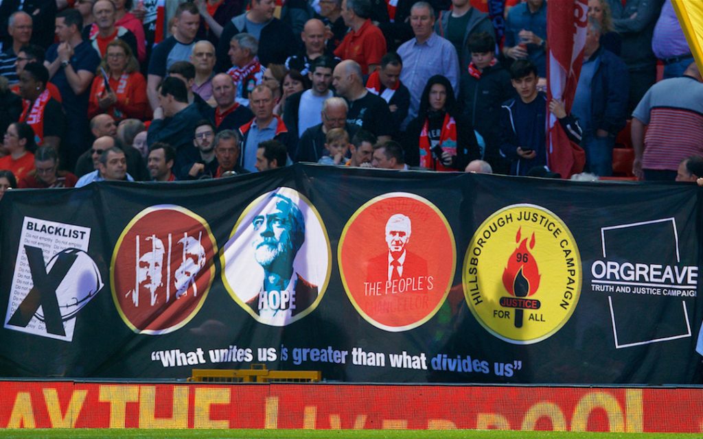 LIVERPOOL, ENGLAND - Sunday, May 7, 2017: Liverpool supporters' banner featuring Labour Party leader Jeremy Corbyn on display on the Spion Kop before the FA Premier League match against Southampton at Anfield. (Pic by David Rawcliffe/Propaganda)