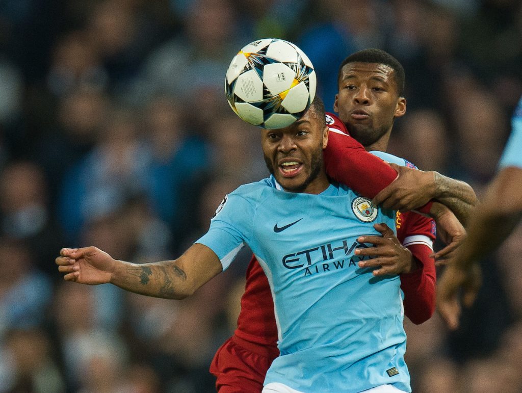 MANCHESTER, ENGLAND - Tuesday, April 10, 2018: Raheem Sterling of Manchester City in action with Georginio Wijnaldum of Liverpool during the UEFA Champions League Quarter-Final 2nd Leg match between Manchester City FC and Liverpool FC at the City of Manchester Stadium. (Pic by Peter Powell/Propaganda)