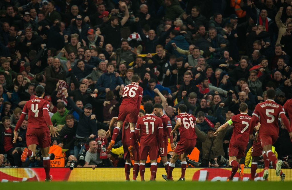 MANCHESTER, ENGLAND - Tuesday, April 10, 2018:Mohamed Salah of Liverpool celebrates scoring the second goal making the score 1-1 during the UEFA Champions League Quarter-Final 2nd Leg match between Manchester City FC and Liverpool FC at the City of Manchester Stadium. (Pic by Peter Powell/Propaganda)