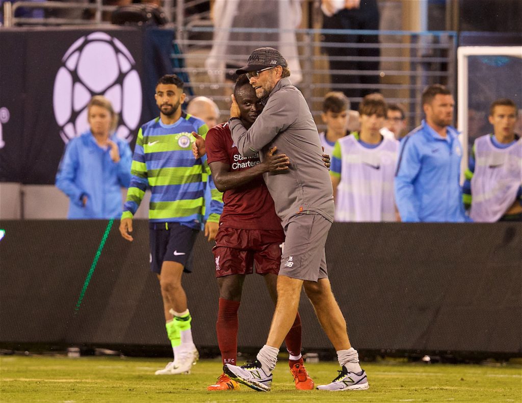 NEW JERSEY, USA - Wednesday, July 25, 2018: Liverpool's Sadio Mane celebrates with manager Jürgen Klopp after a preseason International Champions Cup match between Manchester City FC and Liverpool FC at the Met Life Stadium. Liverpool won 2-1. (Pic by David Rawcliffe/Propaganda)