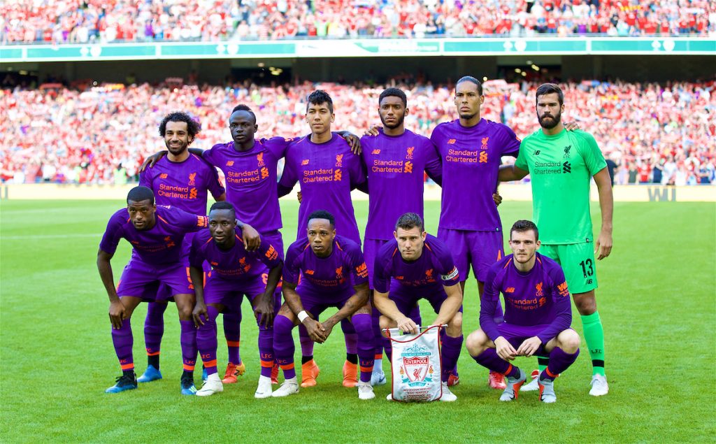 DUBLIN, REPUBLIC OF IRELAND - Saturday, August 4, 2018: Liverpool's players line-up for a team group photograph before the preseason friendly match between SSC Napoli and Liverpool FC at Landsdowne Road. Back row L-R: Mohamed Salah, Sadio Mane, Roberto Firmino, Joe Gomez, Virgil van Dijk, new signing goalkeeper Alisson Becker. Front row L-R: Georginio Wijnaldum, Naby Keita, Nathaniel Clyne, James Milner, Andy Robertson. (Pic by David Rawcliffe/Propaganda)